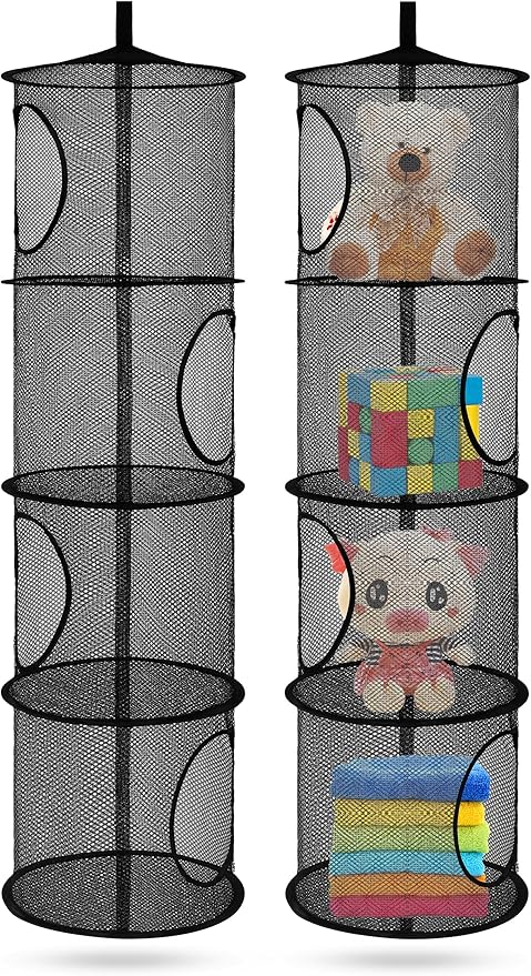 2Pcs Stuffed Animal Storage Organizer Foldable Stuffed Animal Net or Hammock Organizer, 4 Compartments Hanging Mesh Toy Storage Hammock for Kid Room Toys, Gloves, Hats, Socks(Black)