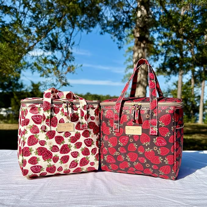 Kwang Min Floral Insulated Lunch Bag for Women,Reusable Lunch Box,Large Cooler for Office,Picnic Outdoors,Premium Quality Waterproof Fabric,Ideal Gift for Outdoors and Work (Chocolate Strawberry)