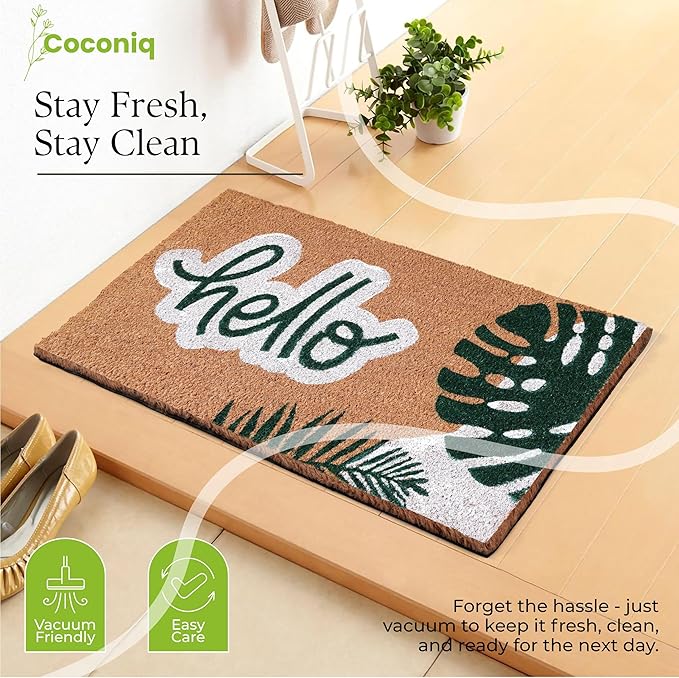 COCONIQ Coir Door Mats 17" X 30", Non-Slip Sturdy, PVC Backed Heavy Duty, Easy to Clean, Ideal for Door Entrance, Patio, Porch, Backyard, Garages, Hello - Green Leaves