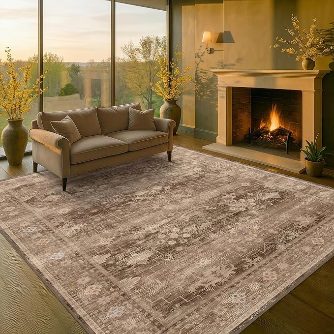 Gold Brown 8x12 Big Rugs for Living Room - Non Slip Washable Vintage Area Rug for Dining Room Under Table, Geometric Floral & Low Pile Boho Bedroom Decor