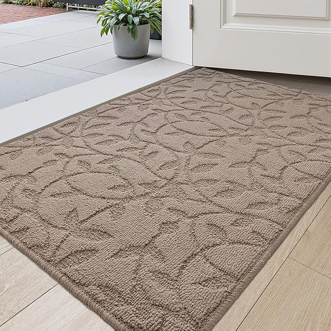 DEXI Front Door Mat Inside Entrance 24x36, Non Slip Dirt Trapper Doormat, Low Profile Thin Entry Mat, Absorbent Easy Clean Welcome Mats for Entryway, Patio, Branch Leaf Beige