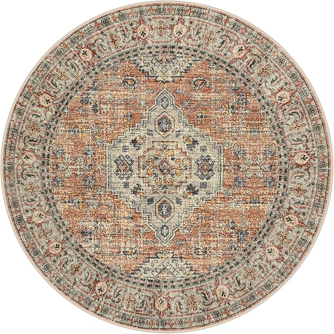 Lahome Oriental Washable Round Rugs, Non-Slip Round Rug 4ft Ultra-Thin, Vintage Soft Small Circle Carpet for Entryway Kitchen Bedroom Nursery Bathroom Eleanor, Peach/Orange