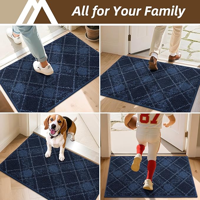 COSY HOMEER Plaid Door Mat 32" x 48",Dirt Trapper Entryway Rugs,Non-Slip Washable Farmhouse Doormat,Low Profile Welcome Mats for Paws Navy Blue