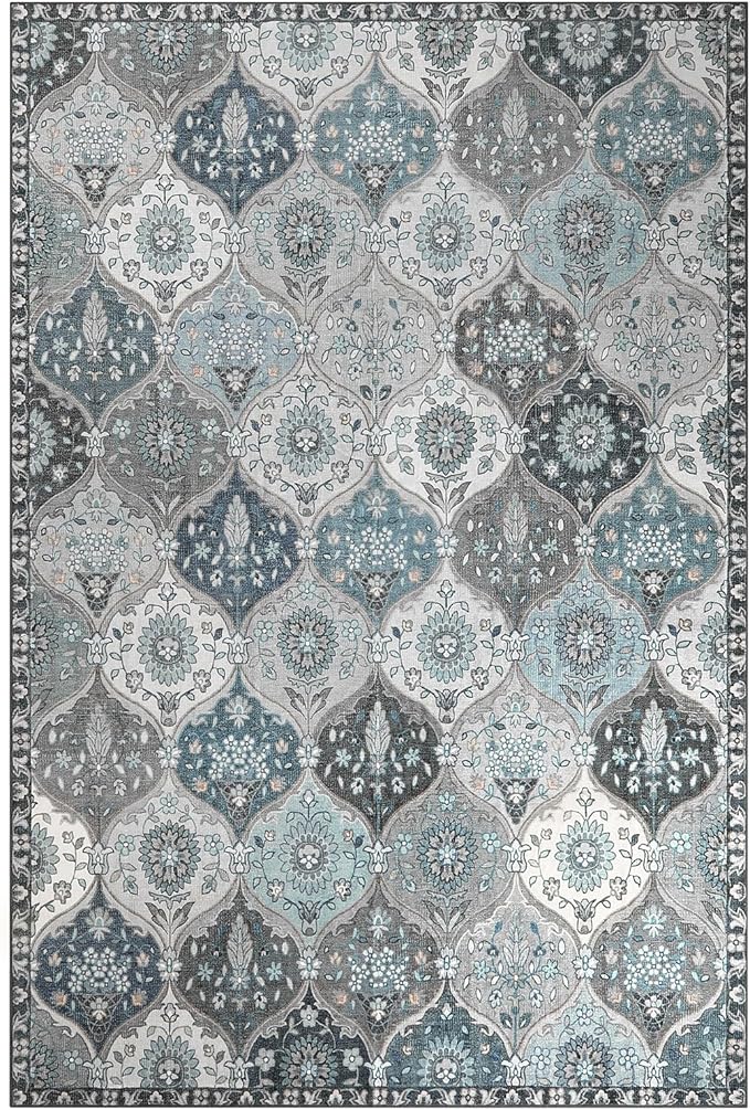 Lahome Moroccan Washable Area Rug 6x9, Ultra-Thin Large Living Room Rugs for Bedroom, Oriental Trellis Distressed Non Shedding Throw Carpet for Dining Room Office Elise, Blue