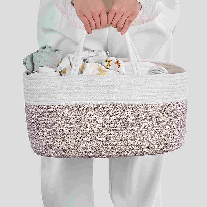 Diaper Caddy Organizer, Empty Gift Basket for Newborn Essentials, Baby Storage Basket, Stylish Gift Bag for Baby Shower, Boys and Girls - Large, White&Beige Brown