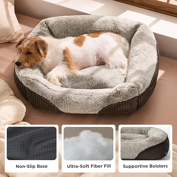 Bedsure Washable Dog Bed Small Dog&Cat- Rectangle Fluffy Plush Kitten Puppy Bed, Comfy Corduroy Fleece and Nonskid Bottom,20x19x6inches,Suitable for Pet Up to 15lbs,Brown