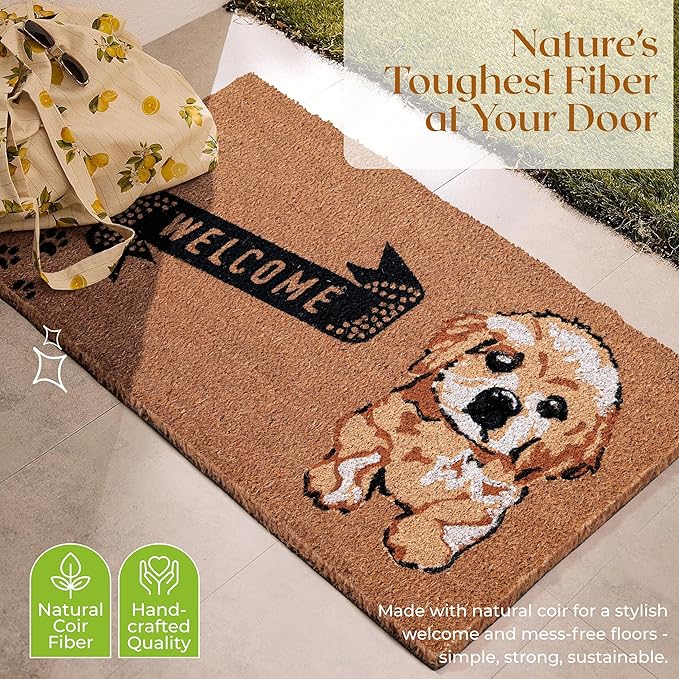 COCONIQ Coir Door Mats 17" X 30", Non-Slip Sturdy, PVC Backed Heavy Duty, Easy to Clean, Ideal for Door Entrance, Patio, Porch, Backyard, Garages, Cute Little Puppy Welcome