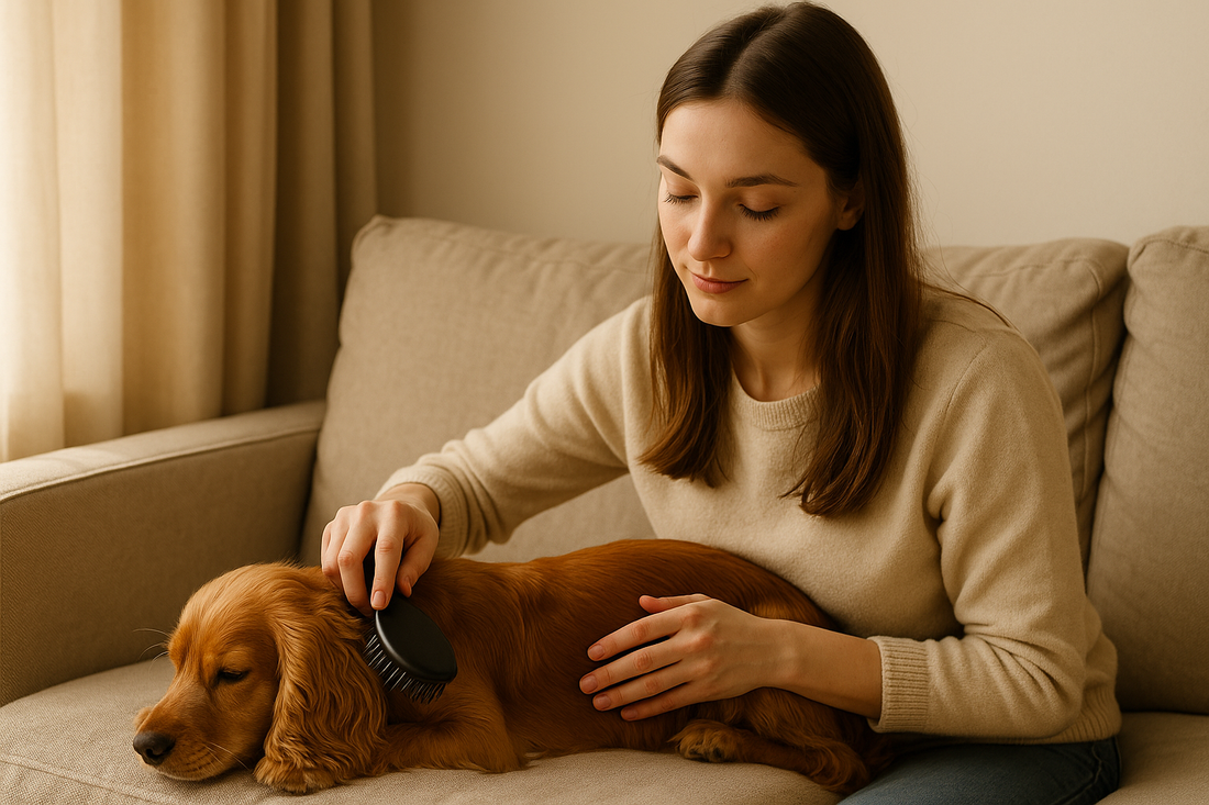 “A young woman gently brushing her Cocker Spaniel on a beige sofa in warm natural light, creating a calm and comforting pet grooming moment.”