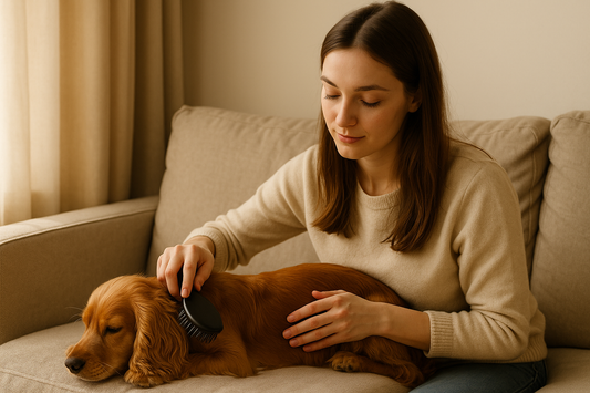 “A young woman gently brushing her Cocker Spaniel on a beige sofa in warm natural light, creating a calm and comforting pet grooming moment.”