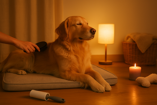 “Golden retriever relaxing while being gently brushed in a warm, cozy room with soft ambient lighting.”