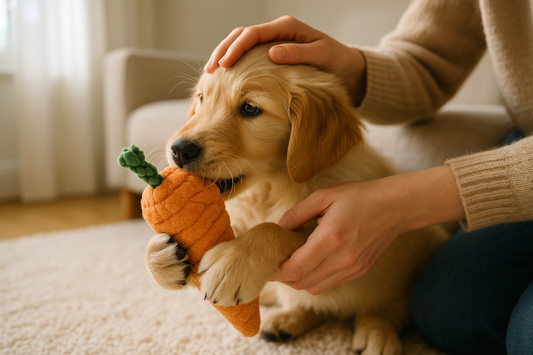 “A golden retriever puppy gently playing with a plush toy while interacting closely with a human hand, capturing an emotional bonding moment during indoor playtime.”