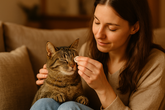 “A woman gently wiping her cat’s eyes in warm indoor light, creating a quiet and comforting daily pet care moment.”