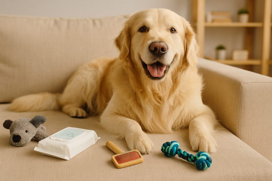 “A Golden Retriever relaxing on a beige sofa with grooming wipes, a slicker brush, a plush toy, and a rope chew toy arranged nearby, reflecting a calm and joyful pet comfort moment.”