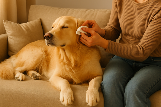 “A golden retriever calmly resting on a sofa while its owner gently cleans its ear in warm natural light, creating a soothing daily pet care moment.”