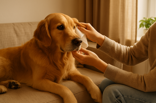 “A golden retriever relaxing on a sofa while its owner gently cleans its ear in warm natural light, creating a calm and caring pet hygiene moment.”
