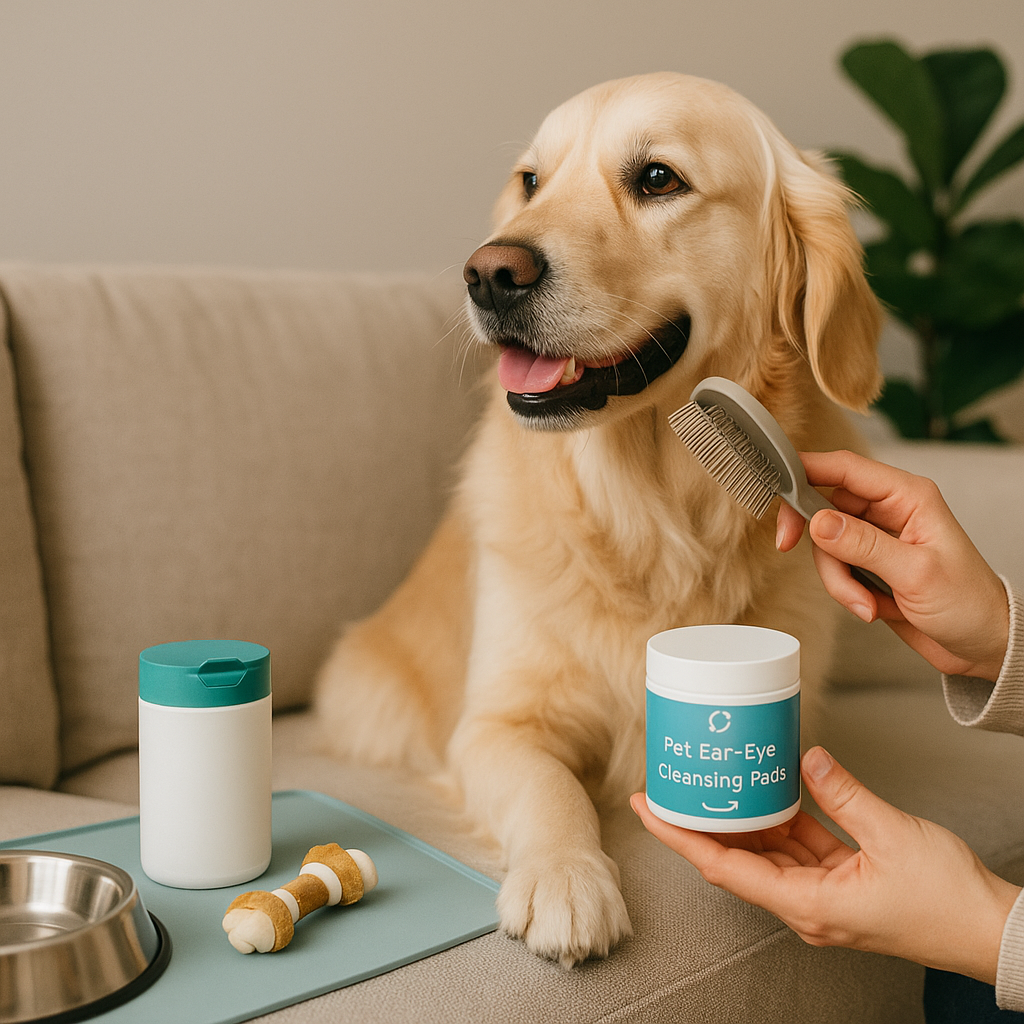 “A Golden Retriever sitting on a beige sofa while being gently brushed, with pet grooming tools and cleansing pads placed neatly nearby.”