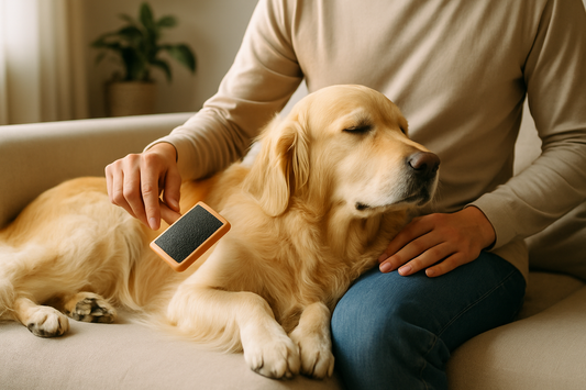 “A golden retriever relaxing on a sofa while its owner gently brushes its fur in warm natural light, creating a calm and cozy grooming moment.”