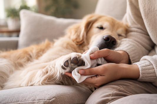 “A relaxed golden retriever resting on a beige sofa while its owner gently wipes its paw, creating a calm and comforting daily pet care moment.”