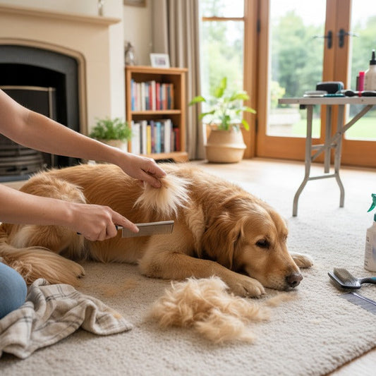 “A woman gently brushing a Golden Retriever in soft warm indoor light, creating a calm and stress-relieving pet care moment.”