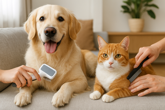 “Golden retriever and orange tabby cat being gently groomed on a sofa with soft natural lighting — Pawverse textless image.”