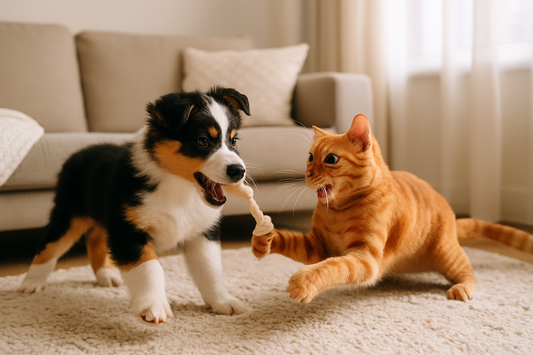 Dog and cat playing together indoors on a soft rug in a cozy living room, both full of energy and joy.