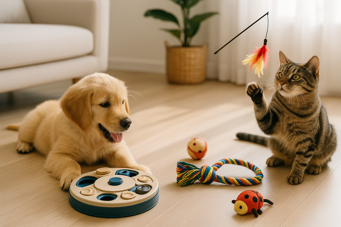 Golden retriever puppy and tabby cat playing with interactive enrichment toys in a bright living room