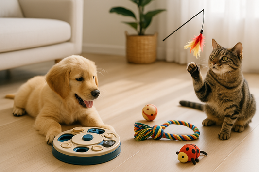 Golden retriever puppy and tabby cat playing with interactive enrichment toys in a bright living room