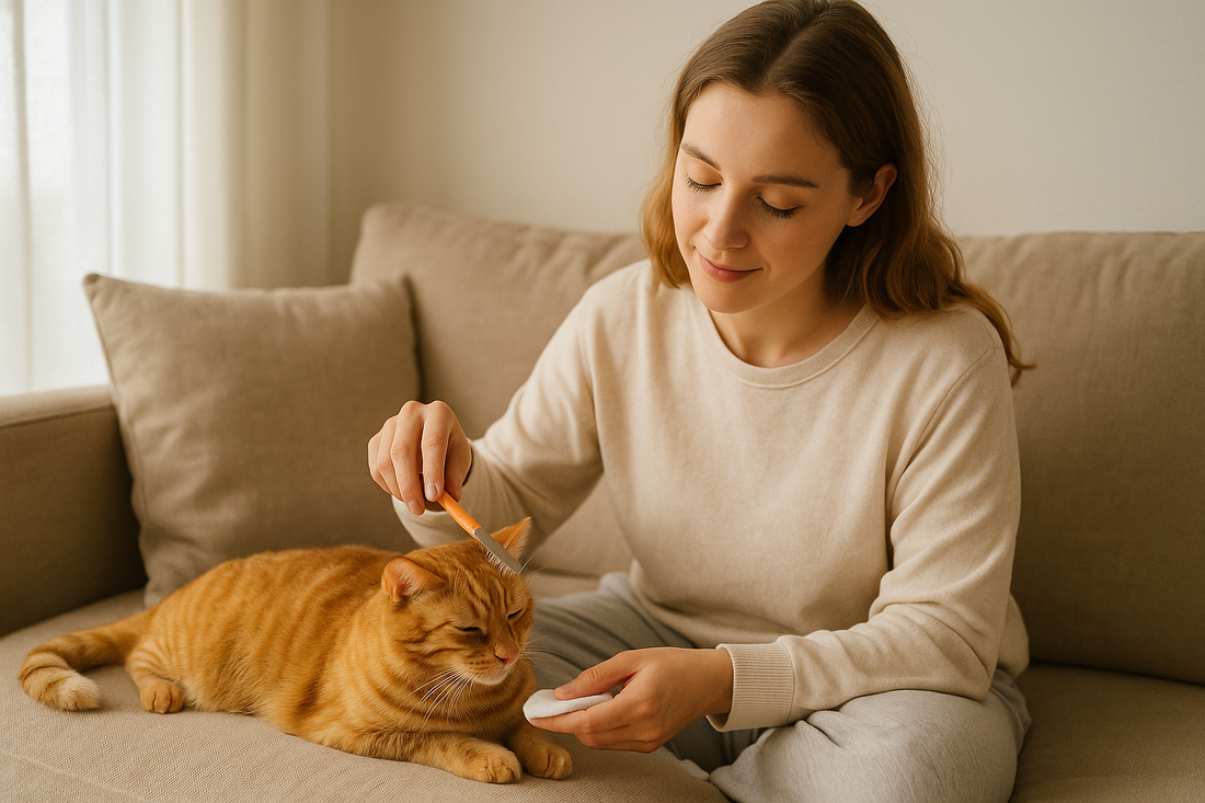 “A young woman gently brushing her orange tabby cat on a beige sofa in warm natural light, creating a calm and soothing morning pet grooming moment.”