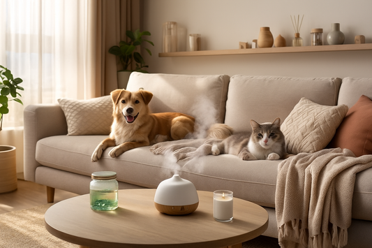 “Dog and cat relaxing in a cozy, bright living room with natural pet-safe fresheners and diffusers on the table — Pawverse textless hero image.”