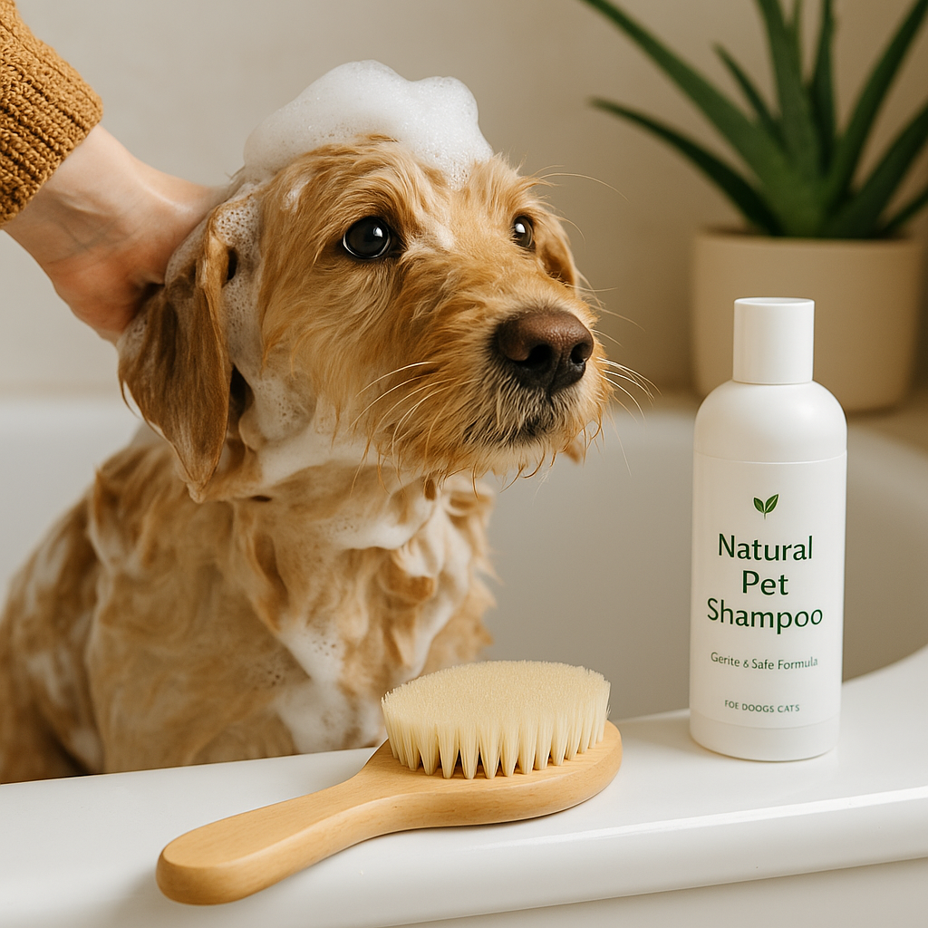 “Golden retriever being gently bathed with natural pet shampoo, soft lighting, aloe vera and grooming brush nearby — Pawverse textless hero image.”