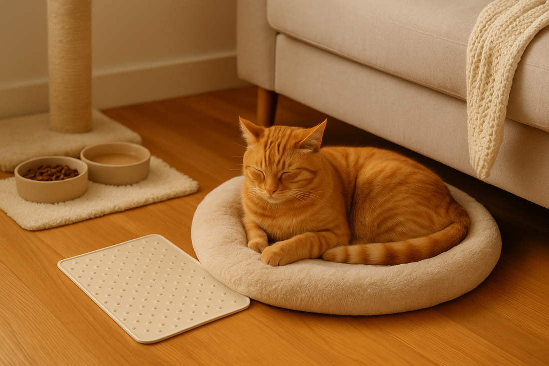 “An orange tabby cat resting peacefully on a round beige pet bed in a warm, cozy living room, with a feeding mat and scratching post nearby.”