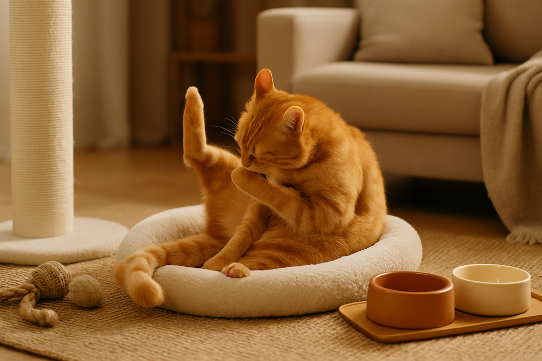 “An orange tabby cat grooming itself on a round white pet bed in a warm, cozy living room with toys, a scratching post, and food bowls nearby.”