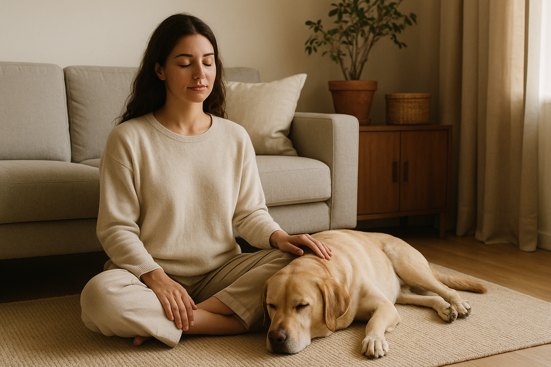 A calm young woman sitting on the floor in a warm living room, gently resting her hand on a relaxed Labrador retriever, symbolizing emotional bonding and comfort between pets and their owners