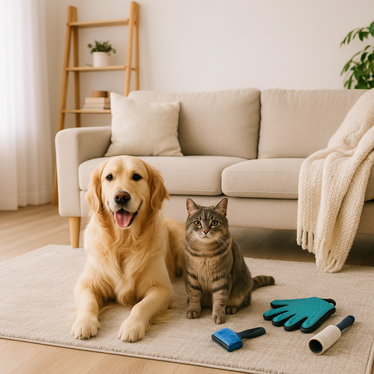 “Golden retriever and gray tabby cat relaxing on a rug in a bright living room with pet hair removal tools nearby — Pawverse textless hero image.”