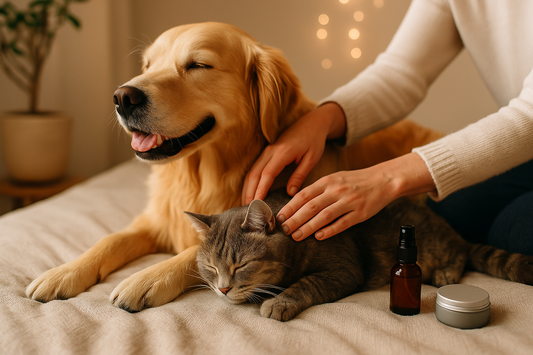 “Golden retriever and gray tabby cat relaxing during a gentle pet massage with soft lighting and natural wellness products – Pawverse textless hero image.”