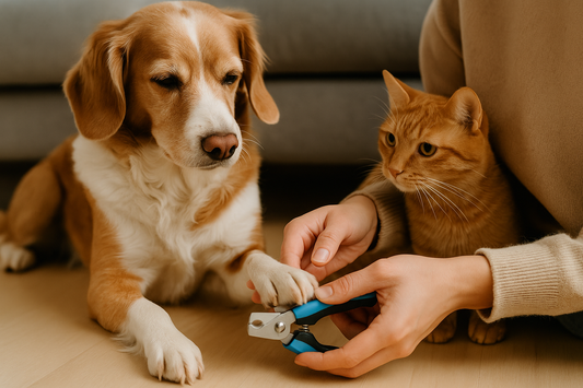 “Owner gently trimming dog’s nails with pet-safe clippers while cat watches nearby – Pawverse textless hero image.”
