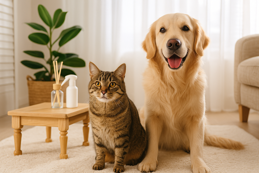 “Dog and cat relaxing in a bright living room with pet-safe reed diffusers and natural sprays – Pawverse textless hero image.”