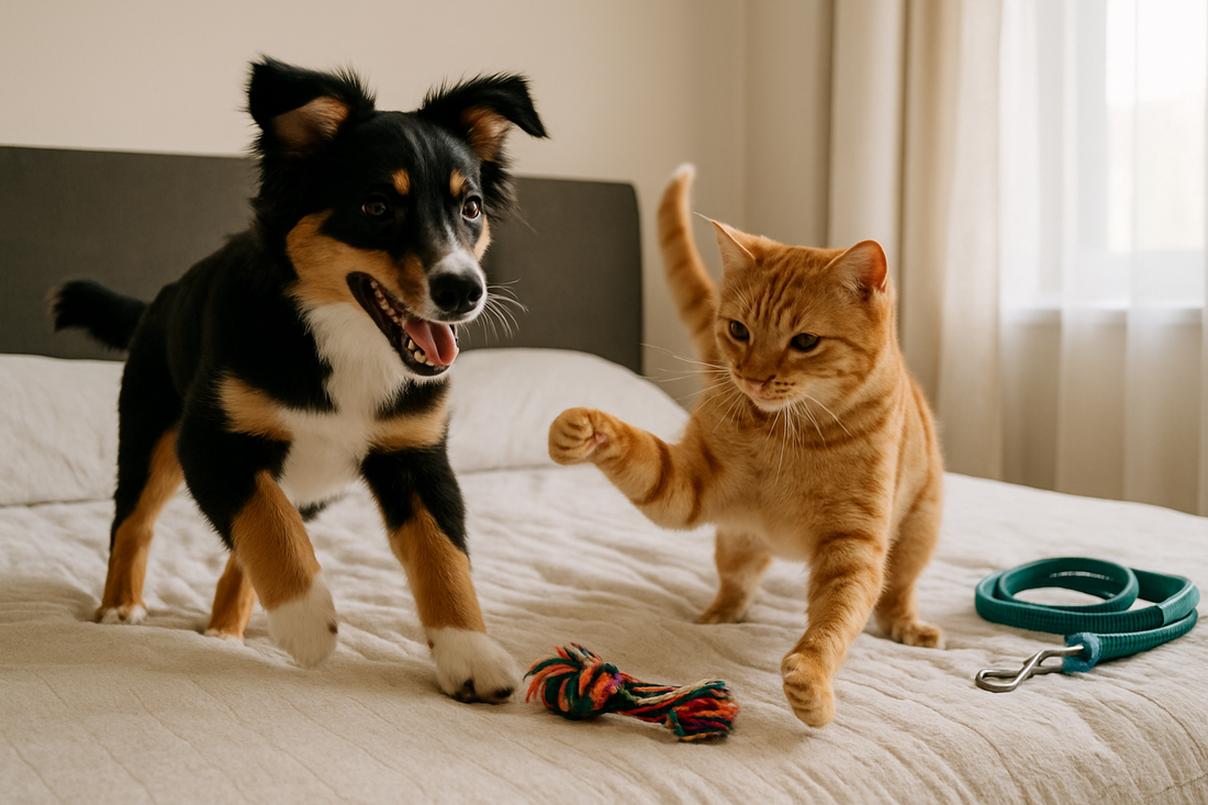 Playful dog and cat energetically playing with a rope toy on a bed in a bright cozy room.