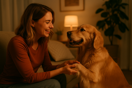 A young woman warmly holding her Golden Retriever’s paws in a softly lit living room, showing a joyful and loving bond between pet and human