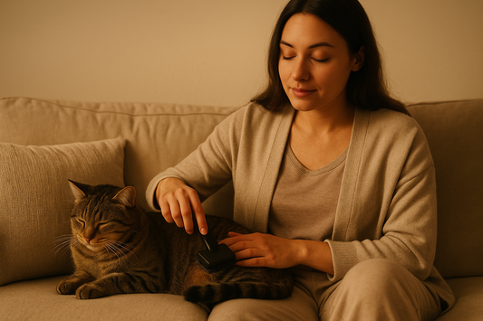 “A woman gently brushing her tabby cat on a beige sofa under warm ambient light, creating a calm and soothing evening pet grooming moment.”