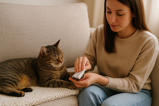 “A young woman gently cleaning her tabby cat’s paw on a beige sofa in soft natural light, creating a calm and comforting daily pet care moment.”