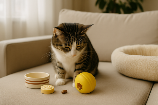 “A tabby cat sitting on a beige sofa exploring a yellow treat-dispensing toy, with a food bowl and pet supplies placed nearby in a cozy home setting.”