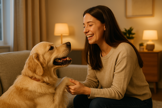 A young woman smiling and holding a golden retriever’s paw in a warm living room, expressing a joyful and loving bond between pet and human