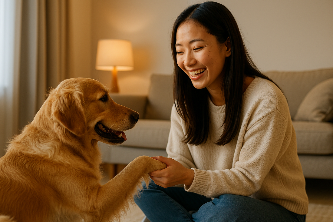 A young Asian woman smiling and holding her golden retriever’s paw in a warm living room, showing a joyful and loving bond between pet and human