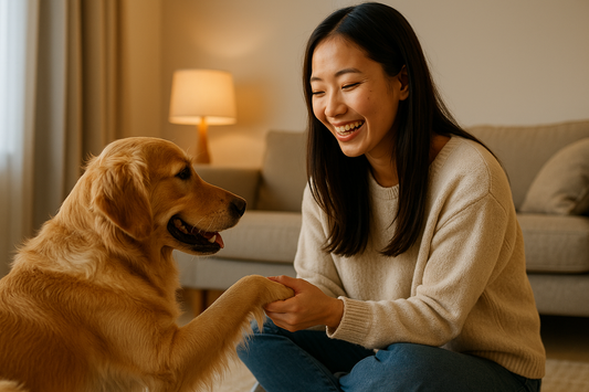 A young Asian woman smiling and holding her golden retriever’s paw in a warm living room, showing a joyful and loving bond between pet and human