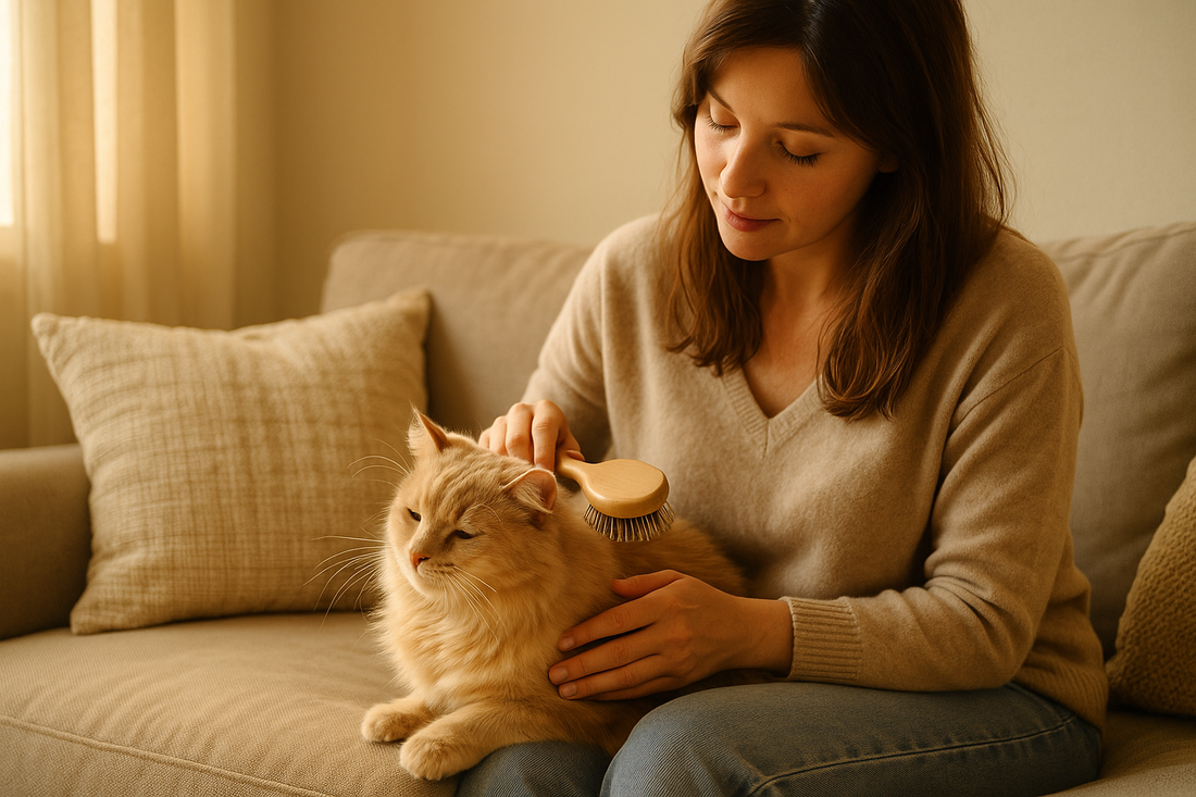 “A woman gently brushing a fluffy cream-colored cat on a beige sofa in warm morning light, creating a peaceful and comforting pet grooming moment.”