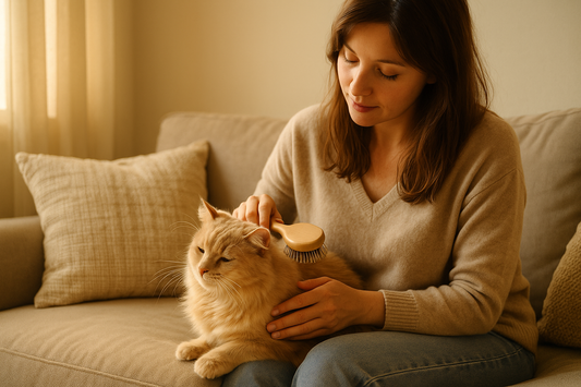 “A woman gently brushing a fluffy cream-colored cat on a beige sofa in warm morning light, creating a peaceful and comforting pet grooming moment.”