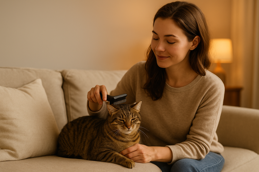 “A woman gently brushing her tabby cat on a beige sofa under warm indoor lighting, creating a calm and soothing pet grooming moment.”