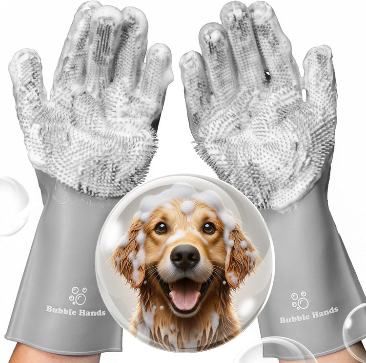 Pawverse reusable silicone gloves for pet fur cleaning and washing home surfaces.