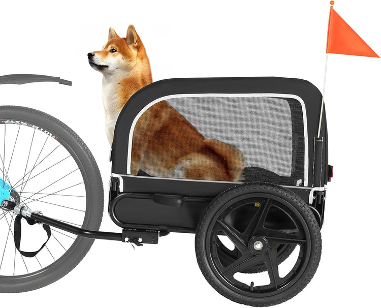 Pet bicycle trailer with mesh windows and safety flag for outdoor biking